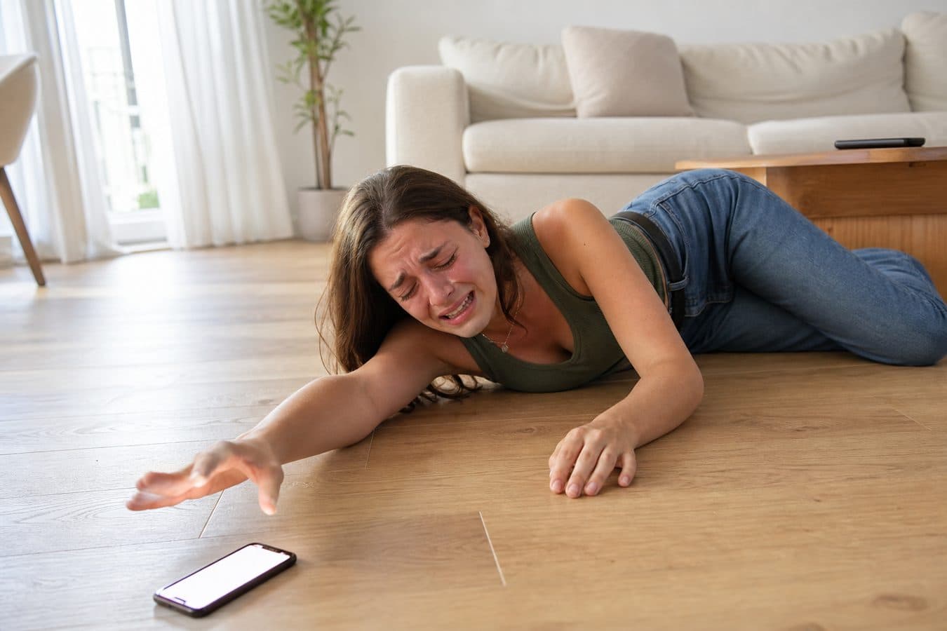 Persona a terra in casa con il telefono che mostra l’allarme Pulse attivo e notifica alla famiglia