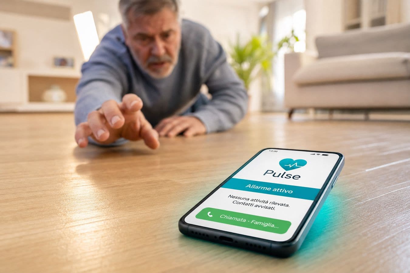 Telefono in primo piano con allarme Pulse attivo e persona a terra che cerca di raggiungerlo